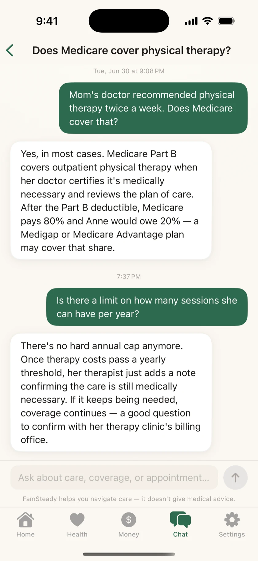 FamSteady's care navigator answering a question about Medicare coverage