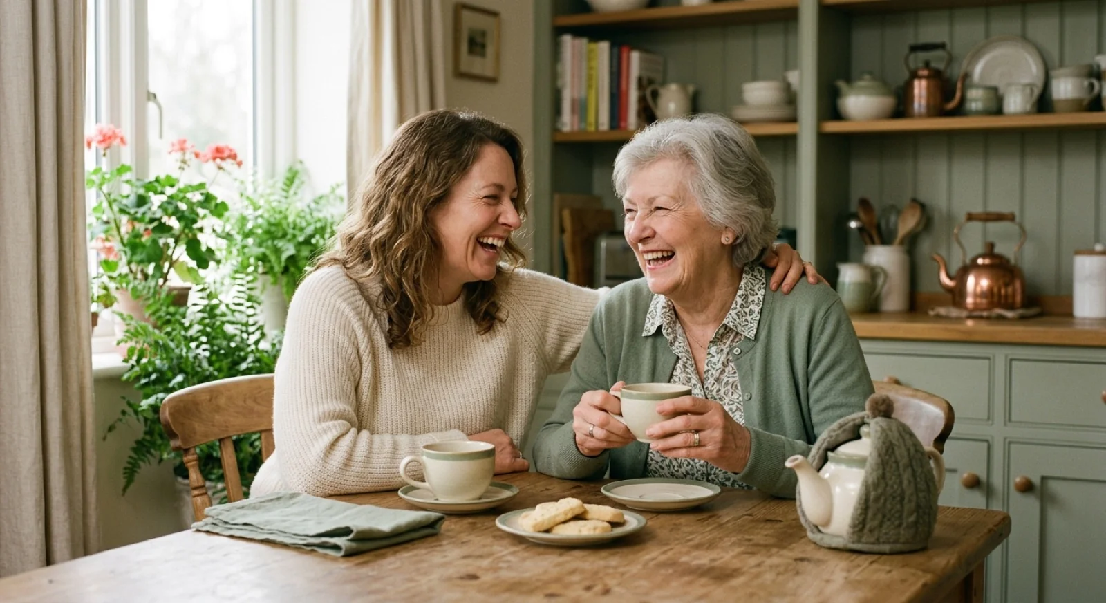 An adult daughter and her mother talking over tea at a kitchen table