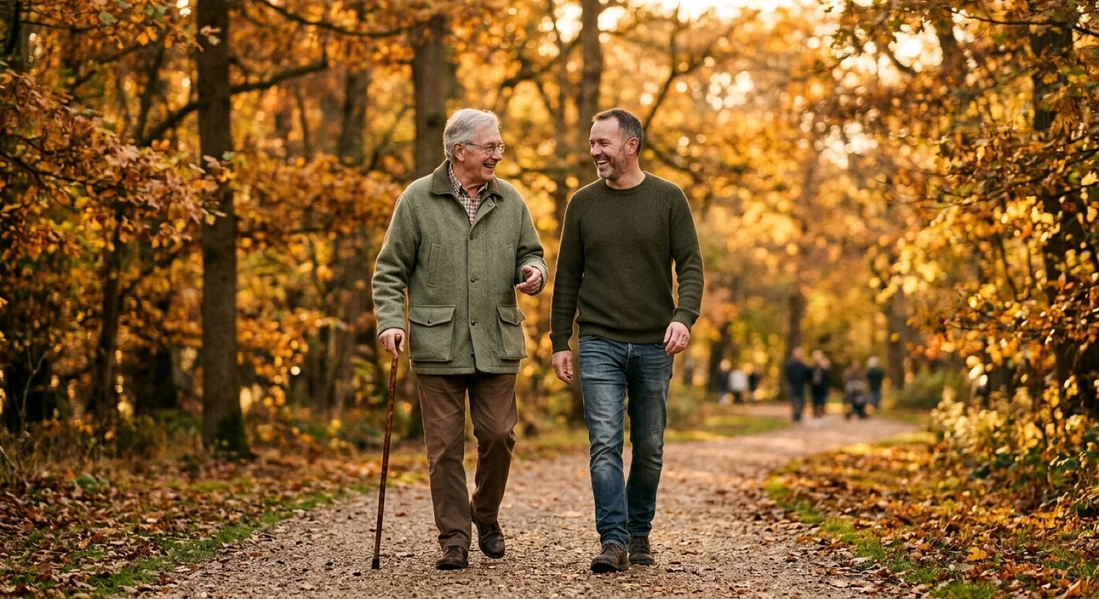 An older man walking with his adult son in a sunlit park