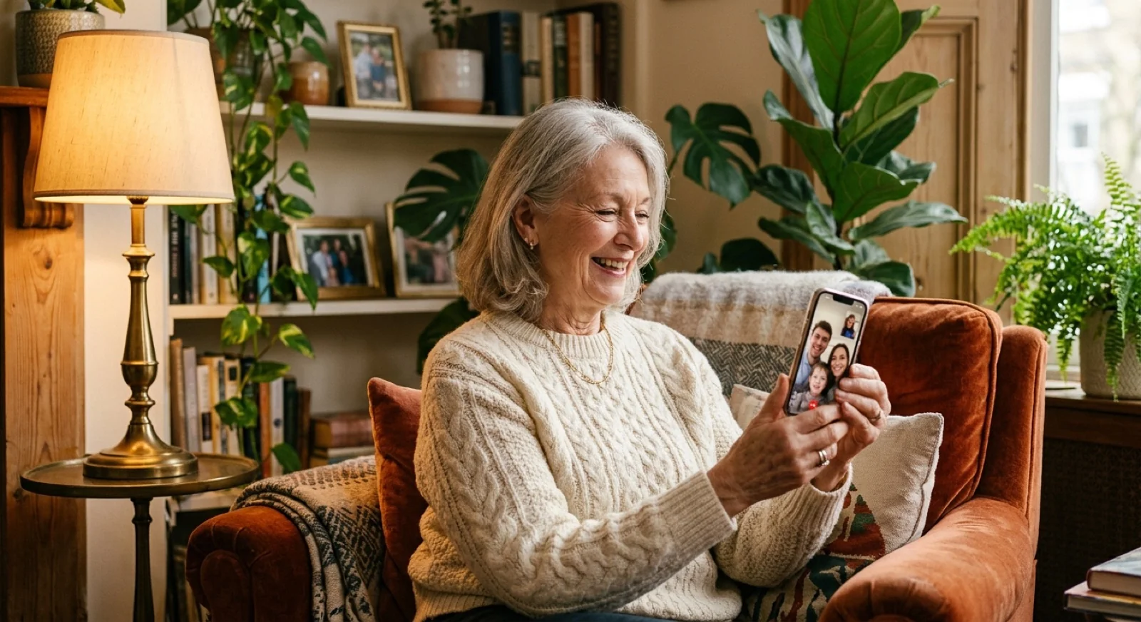 A grandmother looking at her phone in an armchair