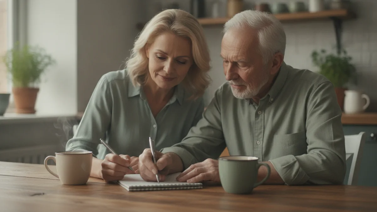 An adult daughter and her father writing a list together at the kitchen table