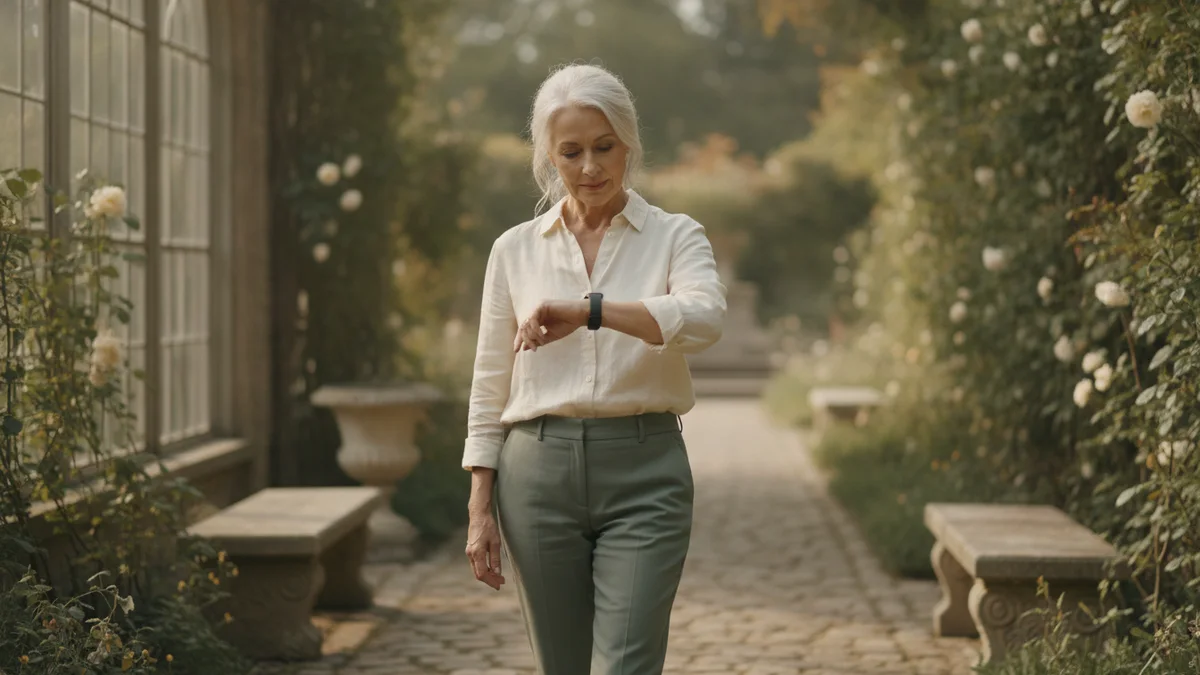 An older woman glancing at her smartwatch while walking through a garden