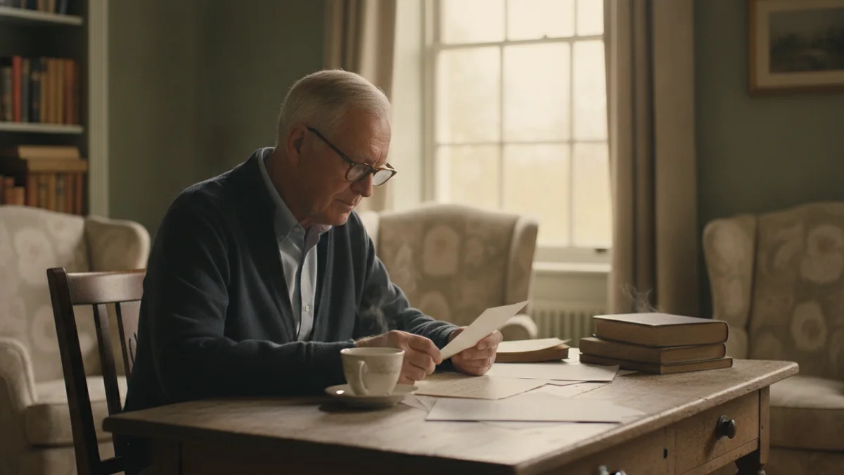 An elderly man at a desk by a window reading a letter