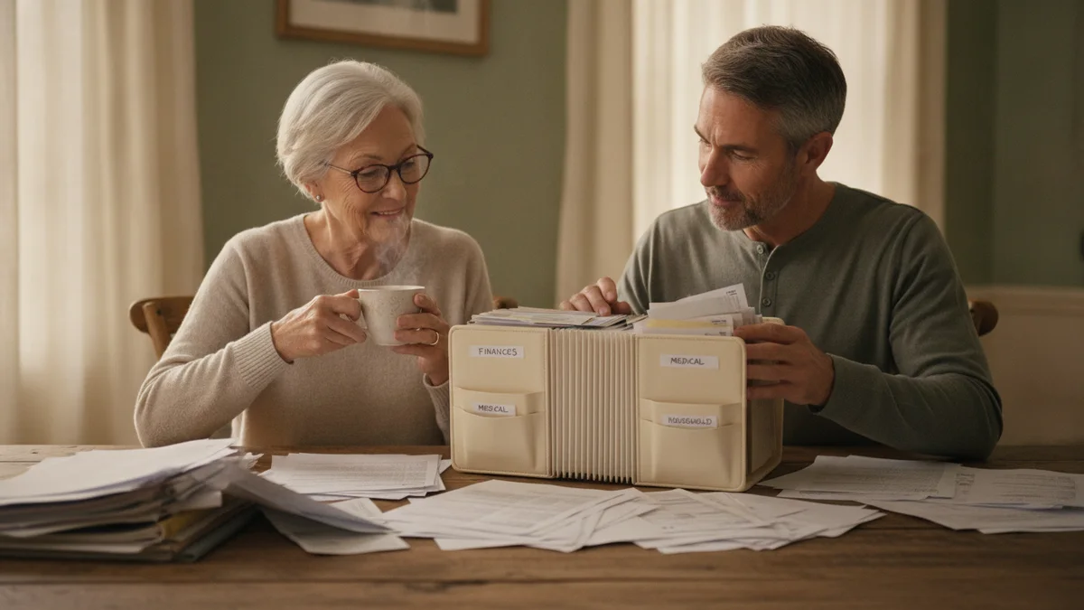 An older woman and her adult son sorting papers into a folder at the dining table