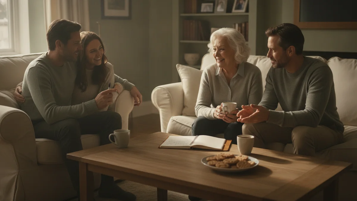 Three adult siblings and their mother around a coffee table with a notebook