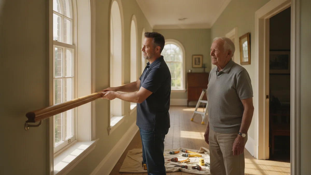 An adult son fitting a handrail in a bright hallway while his father looks on