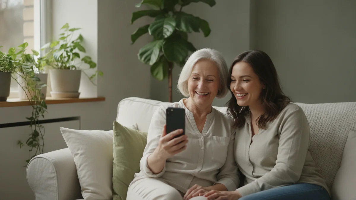 An older woman showing her phone to her adult daughter on the sofa