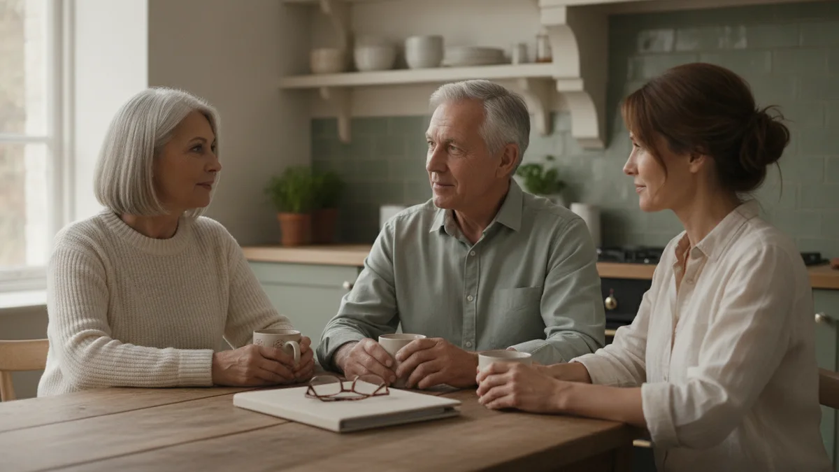 An older couple and their adult daughter at a kitchen table with a folder of papers