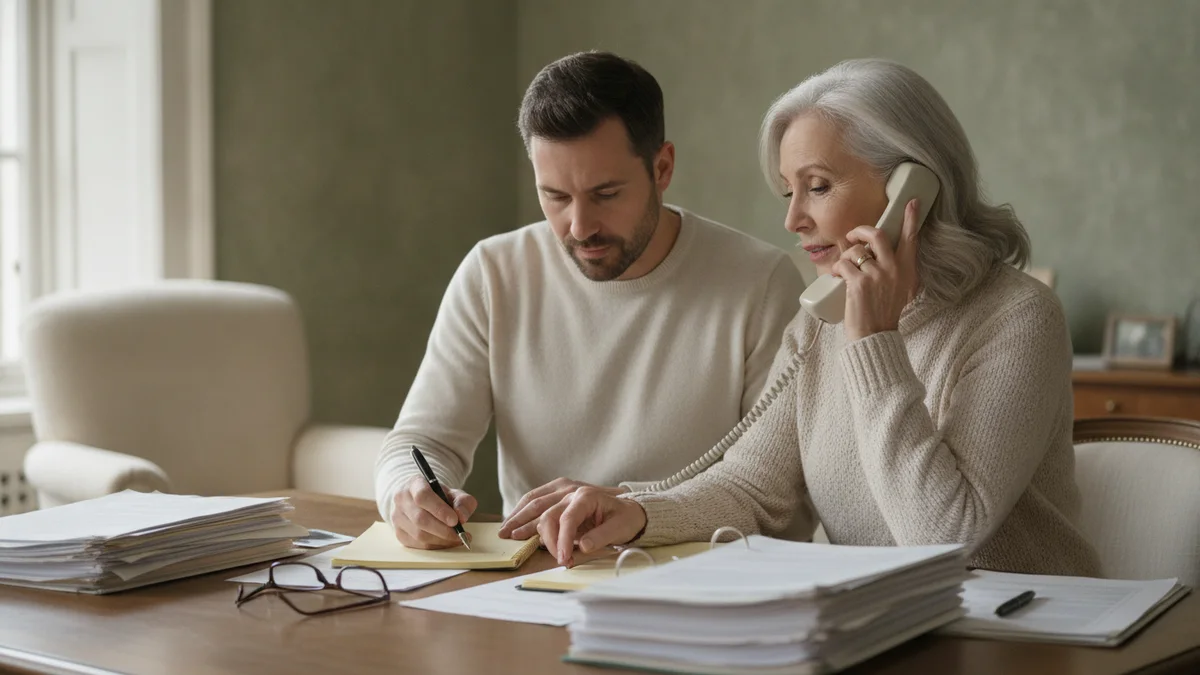 An adult son taking notes beside his mother while she talks on the phone