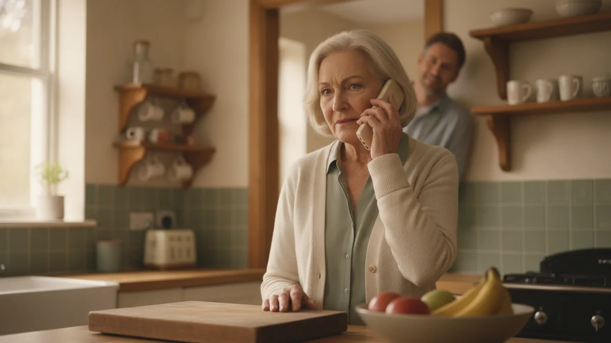 An older woman on the phone looking skeptical while her adult son stands in the doorway