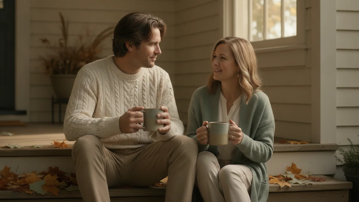 An adult brother and sister talking on a porch step with coffee