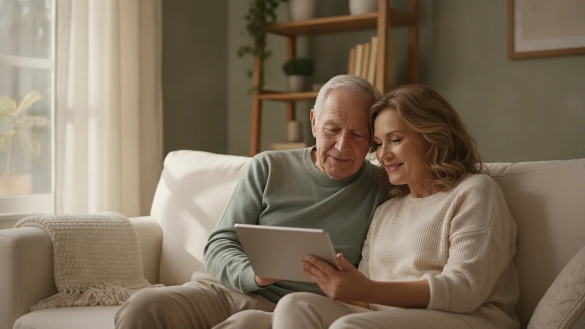 An adult daughter and her father looking at a tablet together on the sofa
