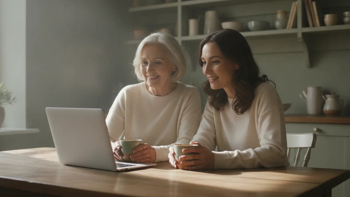 An older woman and her adult daughter side by side at a laptop at the kitchen table