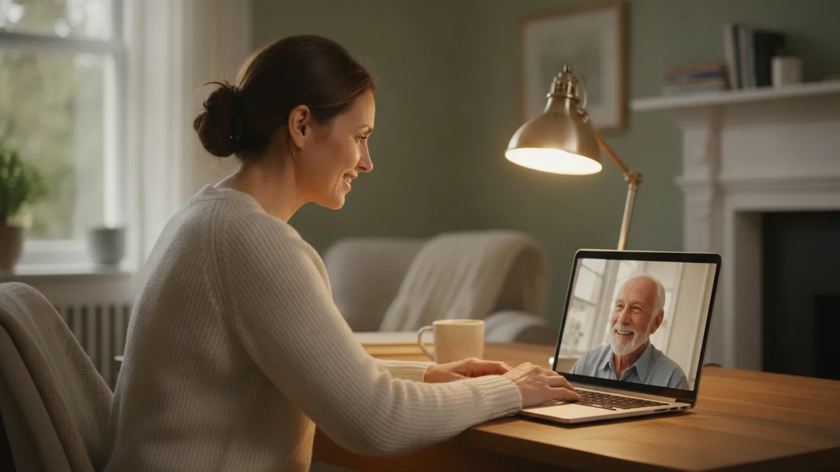 A woman on an evening video call with her father, who smiles on the laptop screen