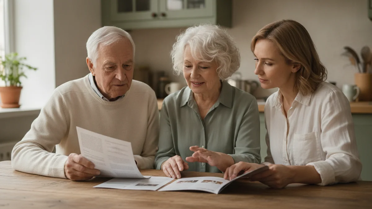 An older couple comparing two brochures while their adult daughter points at one