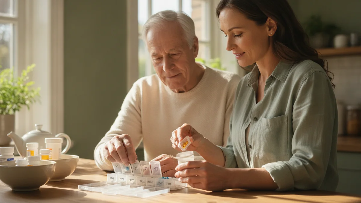 An older man and his adult daughter filling a weekly pill organizer together