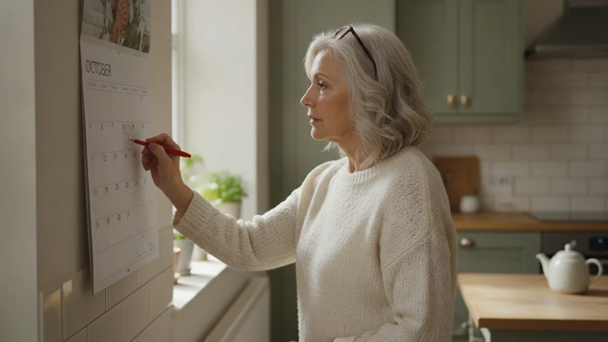 An older woman circling a date on a paper wall calendar in her kitchen