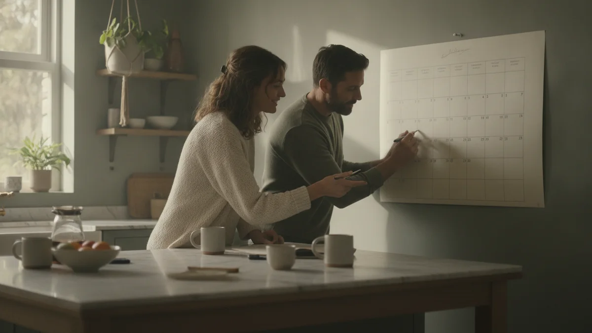 An adult brother and sister filling in a wall calendar together