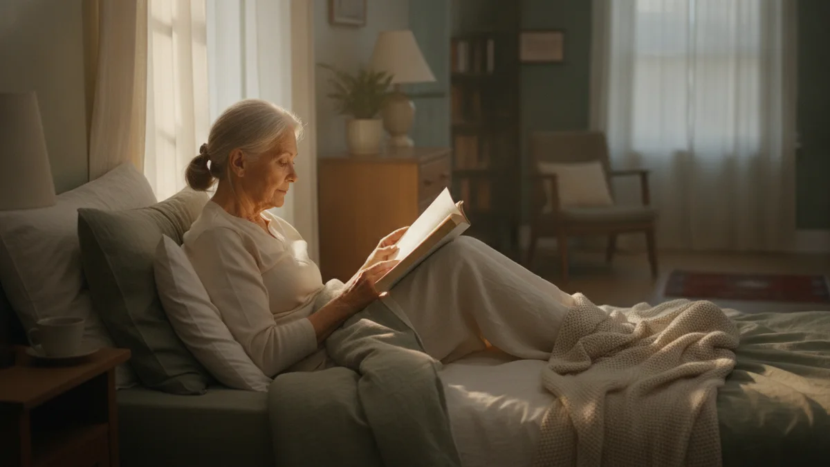 An elderly woman reading in bed by soft lamplight