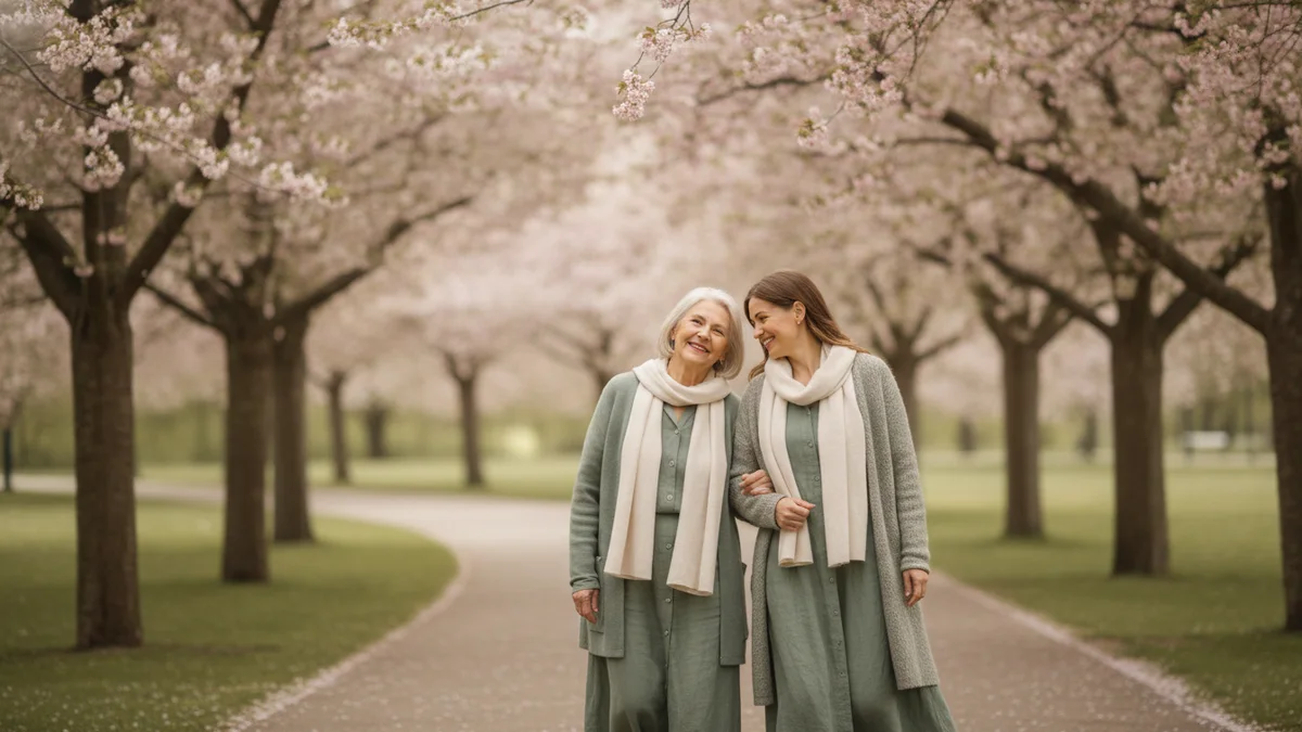 An elderly woman walking arm in arm with her adult daughter along a tree-lined path