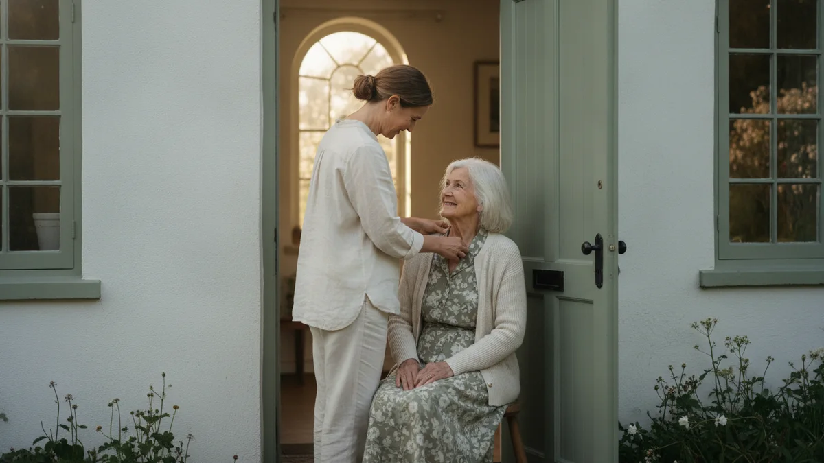 An adult daughter helping her mother into a cardigan at the front door