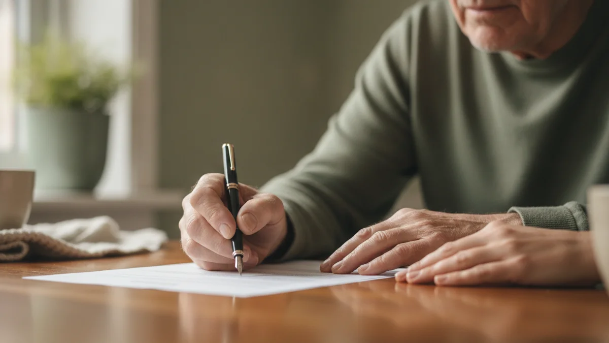 An older man's hands signing a document with a fountain pen at a desk