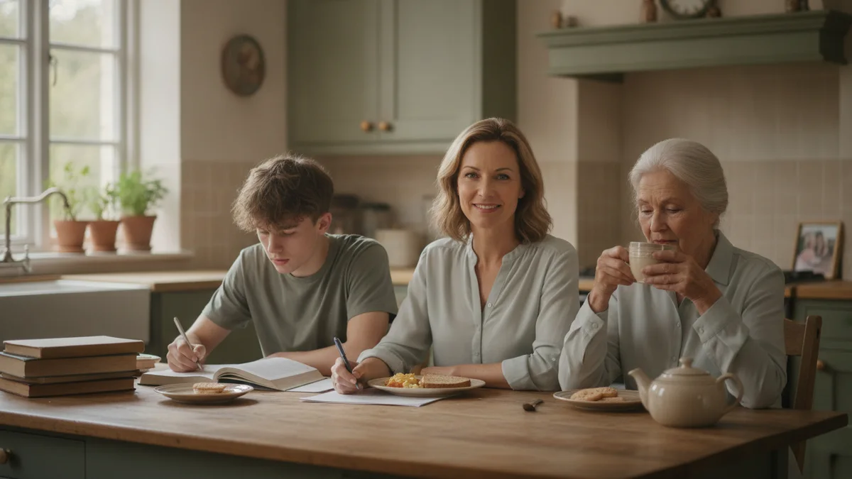 A woman at breakfast between her teenage son and her elderly mother