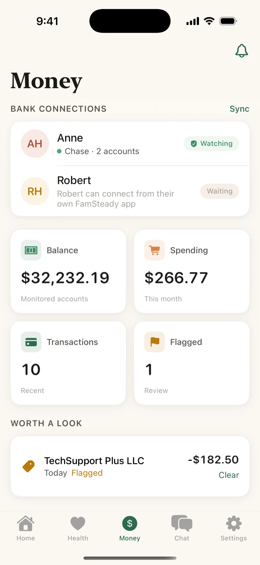FamSteady's Money screen showing monitored accounts and a flagged transaction