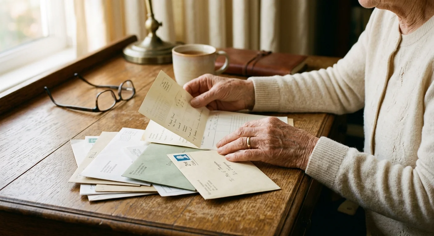 An older person's hands sorting paperwork at a desk